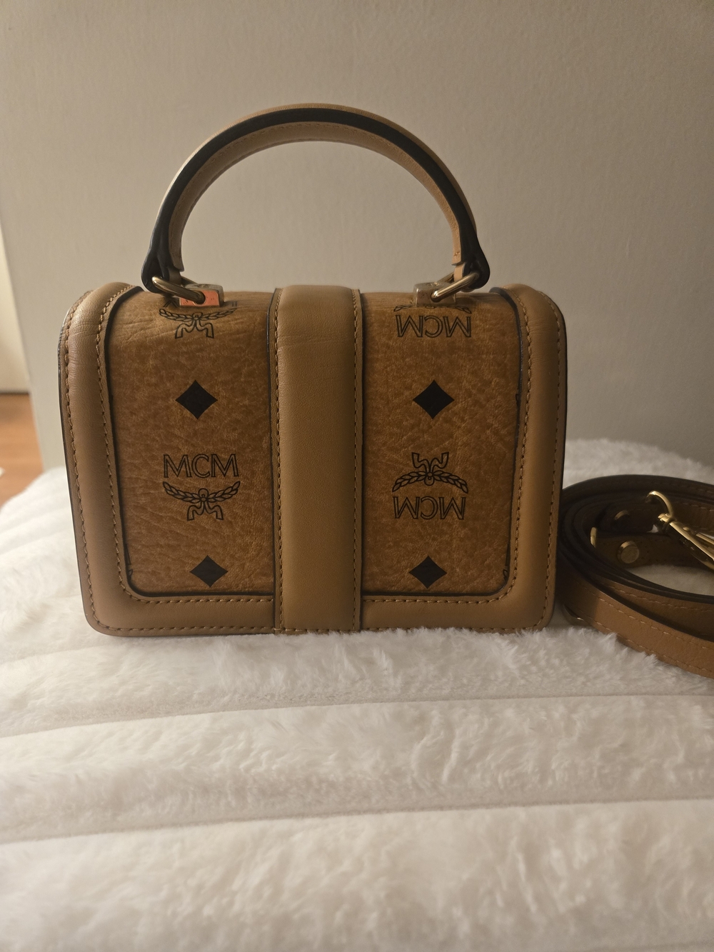 MCM Tan Studded Mini Top-Handle Bag with Gold Hardware - Picture 5 of 6